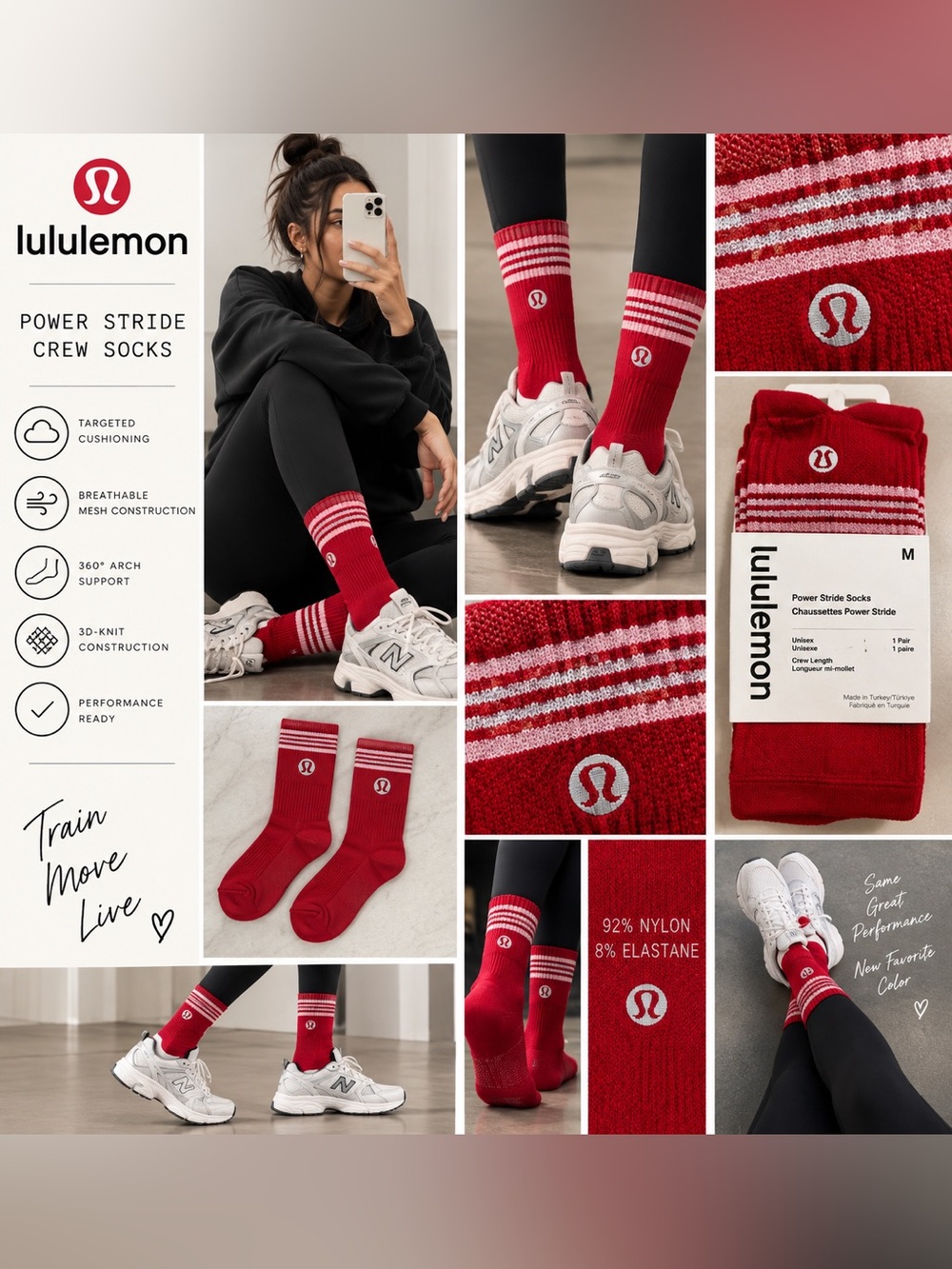 NWT Lululemon Power Stride Crew Socks Red Pink Stripe Size M